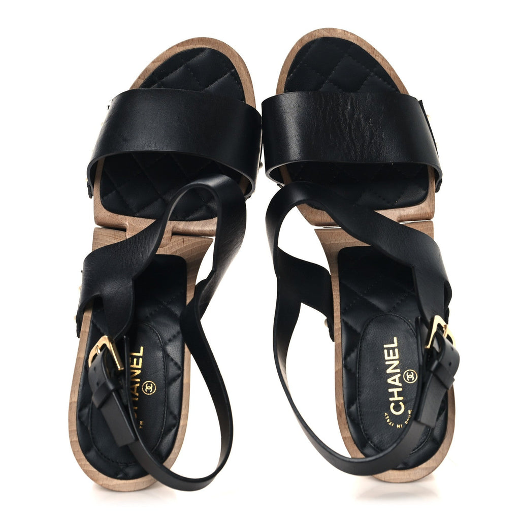 Chanel Wood Calfskin Women's CC Hinge Wedge Sandals 41 Black