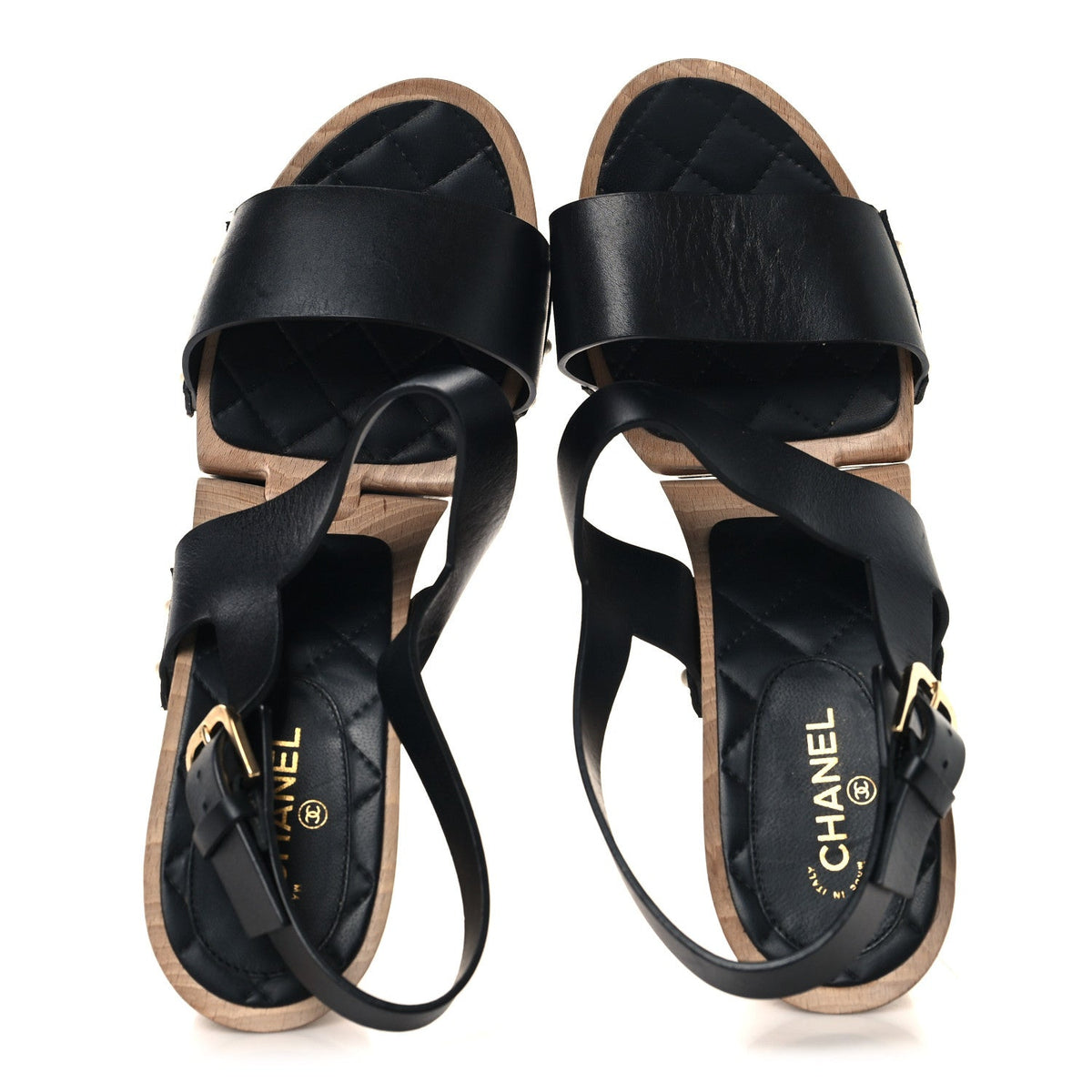 Chanel Wood Calfskin Women's CC Hinge Wedge Sandals 41 Black