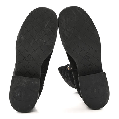 Chanel Suede Quilted Women's CC Lace Up Combat Boots 38.5 Black