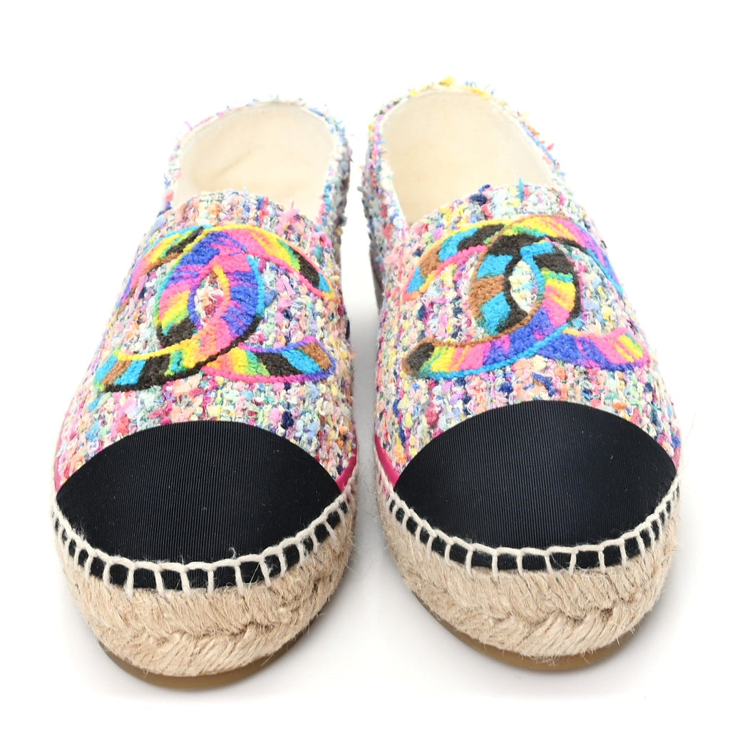 Chanel Cotton Tweed Grosgrain Women's CC Espadrilles 41 Multicolor Black