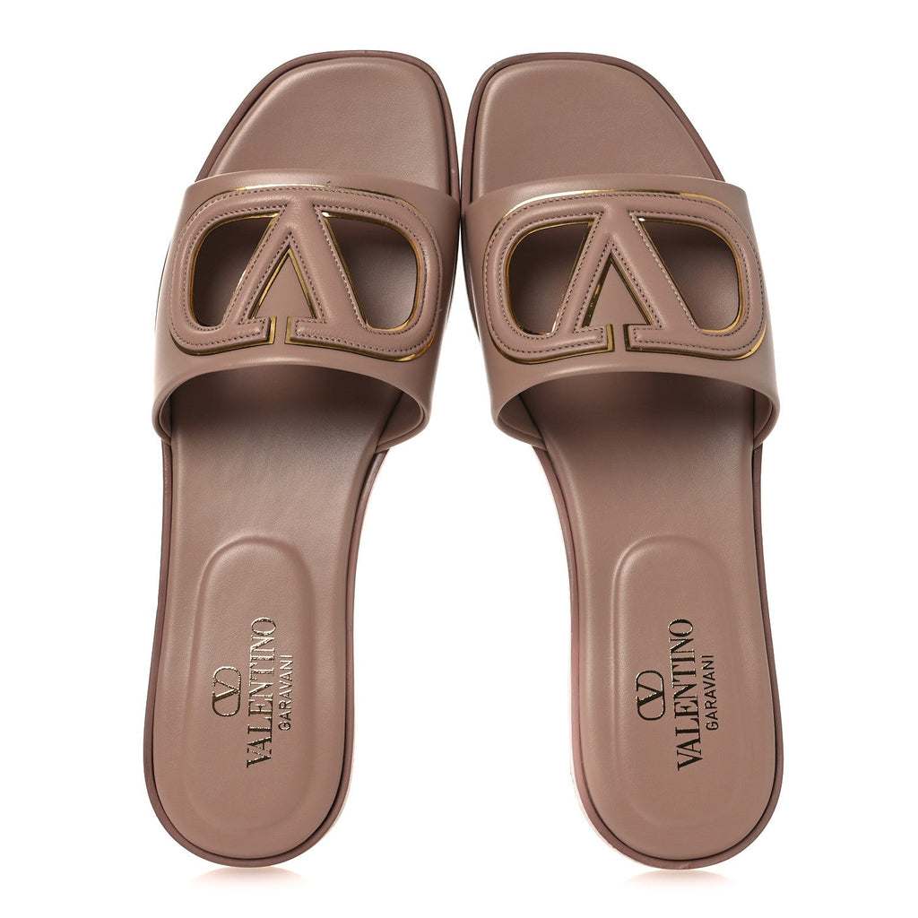 Valentino Garavani Calfskin Women's VLogo Cut Out Flat Slide Sandals 36.5 Rose