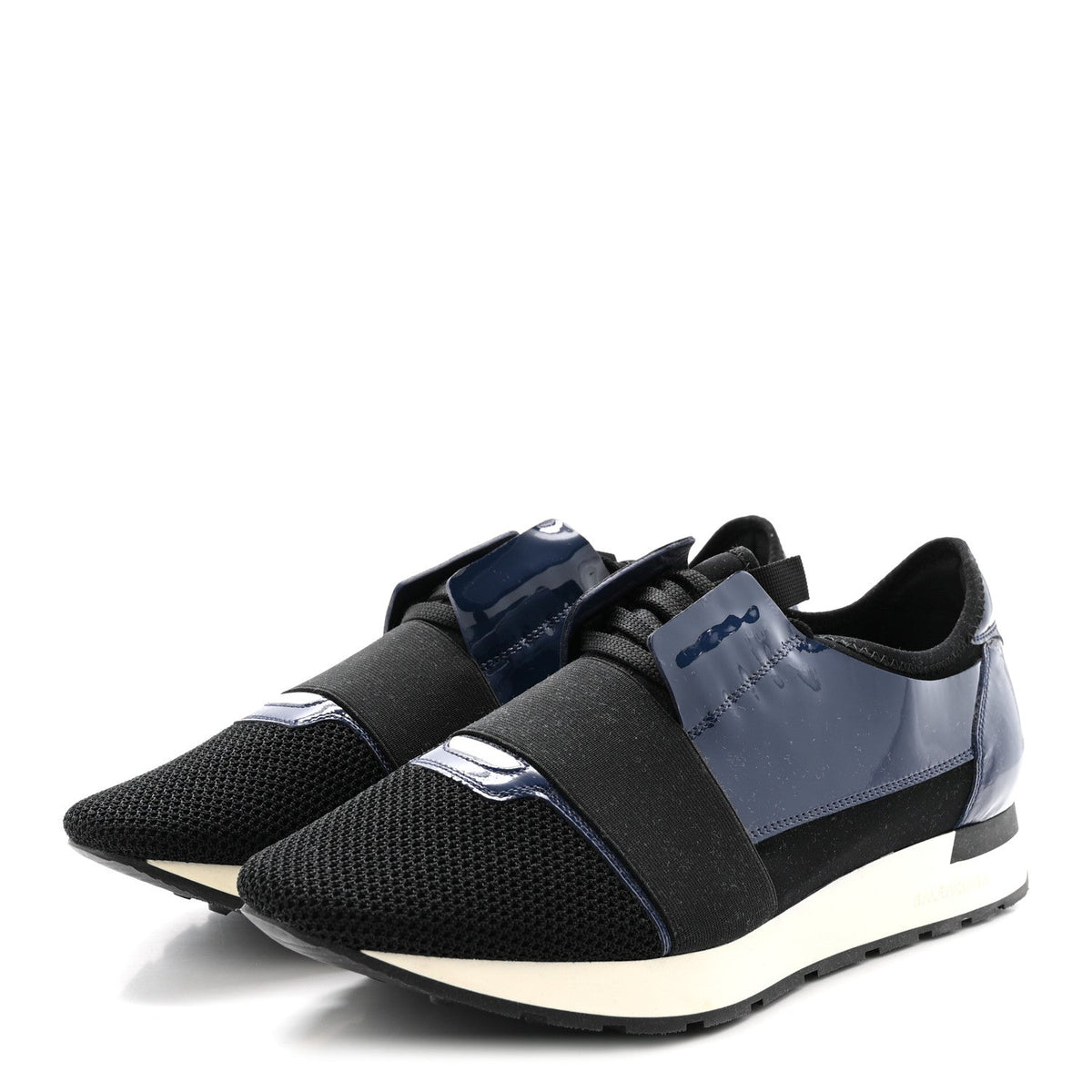 Balenciaga Patent Calfskin Neoprene Mesh Suede Men's Race Runner Sneakers 43 Black Navy
