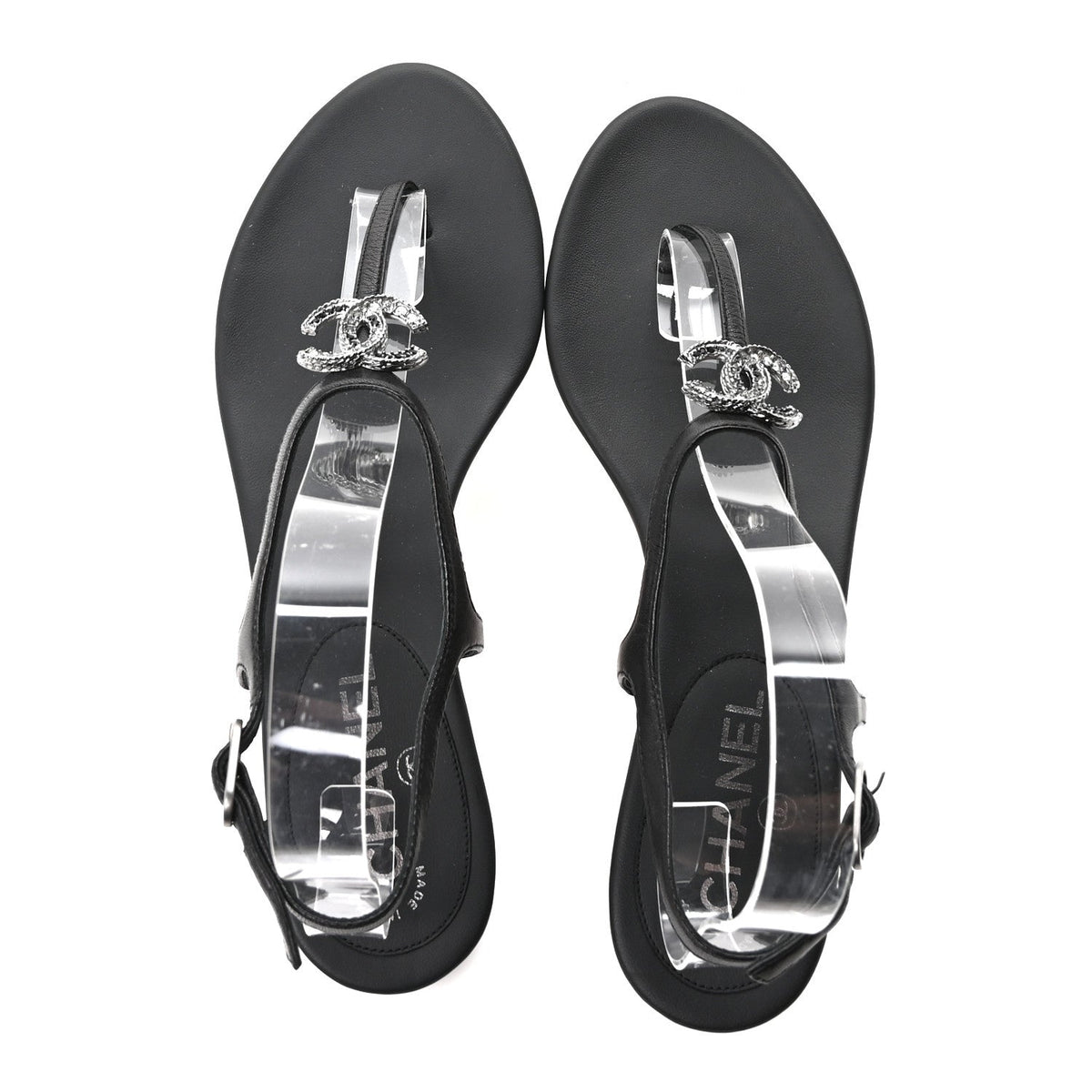 Chanel Lambskin Crystal Women's CC Thong Sandals 38 Black