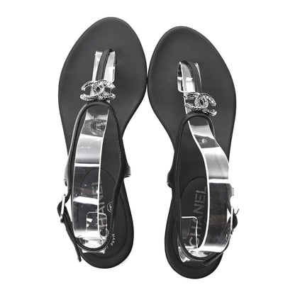 Chanel Lambskin Crystal Women's CC Thong Sandals 38 Black