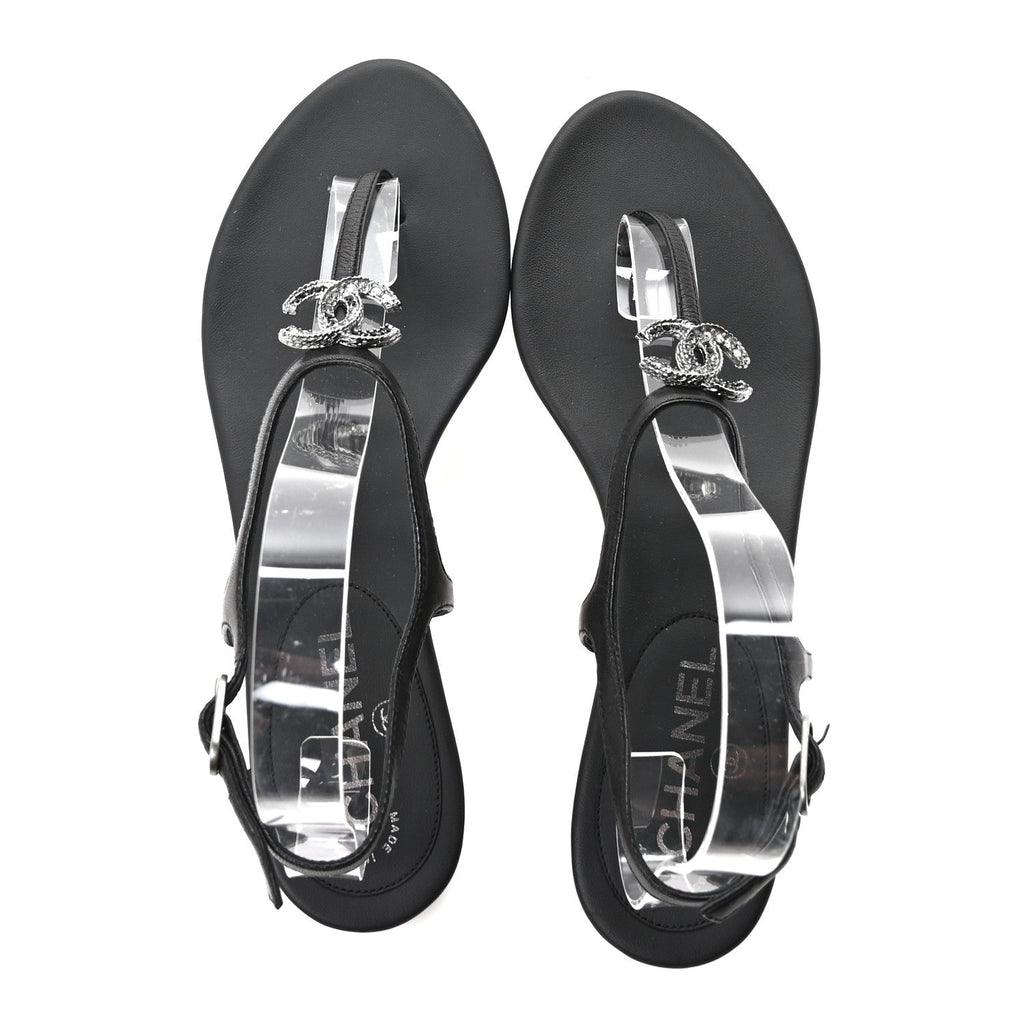 Chanel Lambskin Crystal CC Women's Thong Sandals 38 Black
