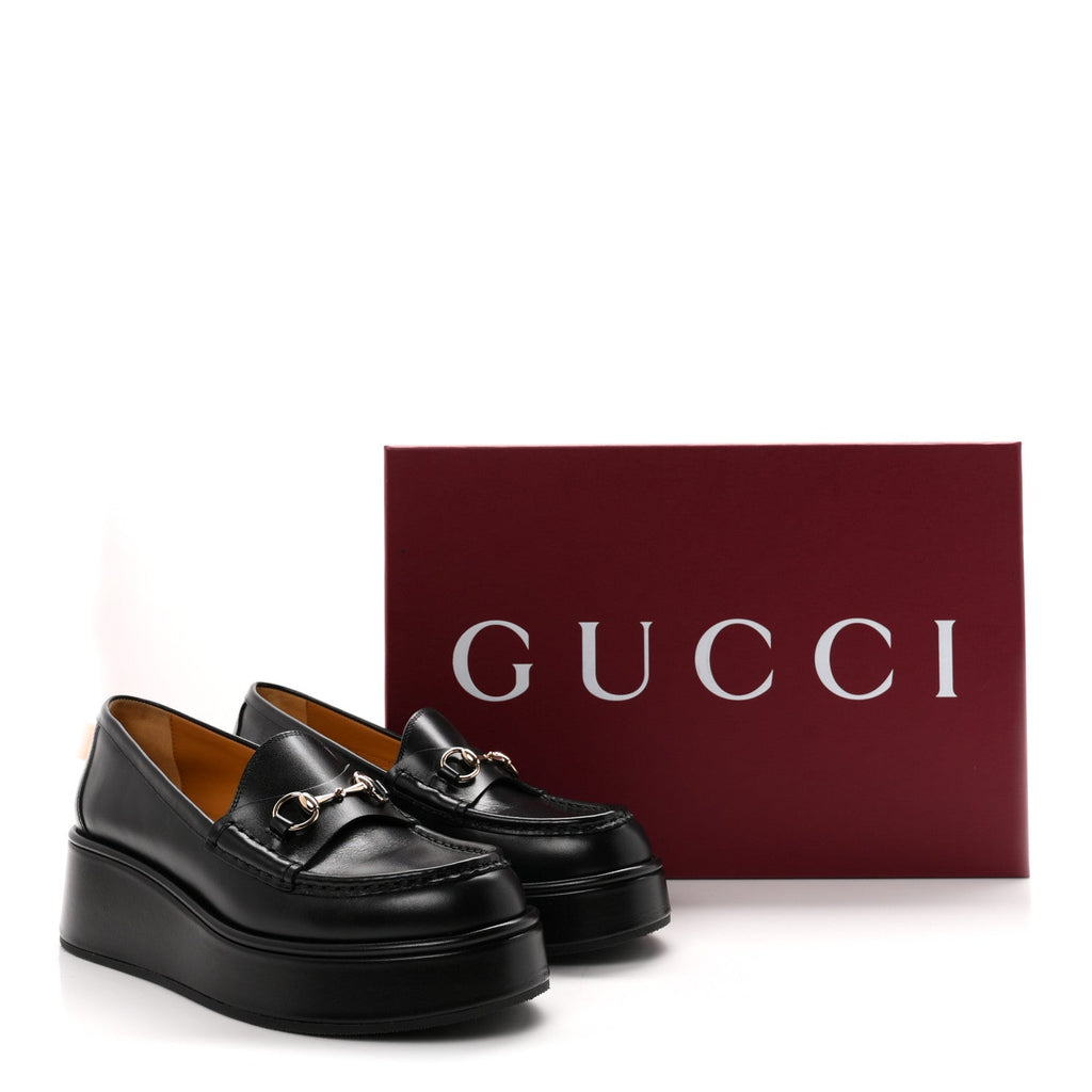 Gucci Kama Calfskin Women's Horsebit Wedge Platform Loafers 38.5 Black