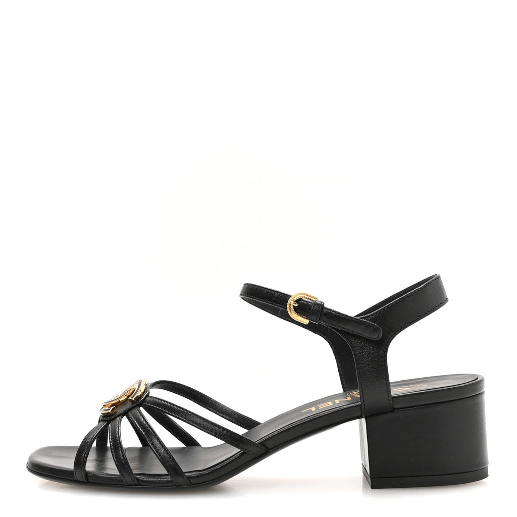 Chanel Lambskin Crystal CC Women's Sandals 37.5 Black