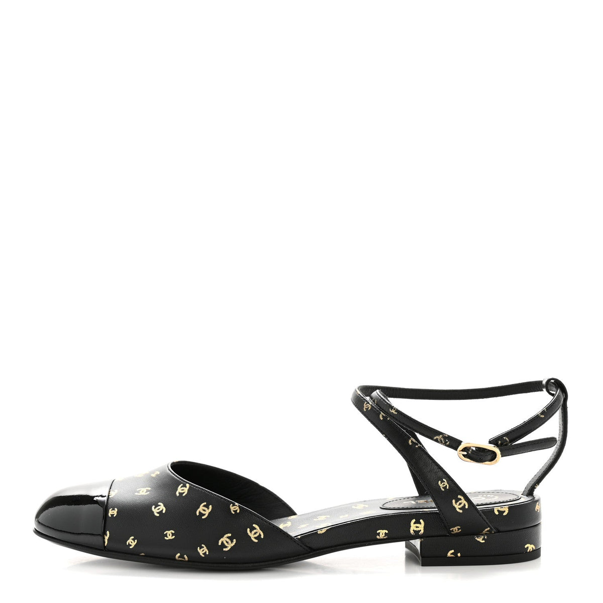 Printed Lambskin Patent Calfskin Cap Toe CC Slingbacks Black Gold