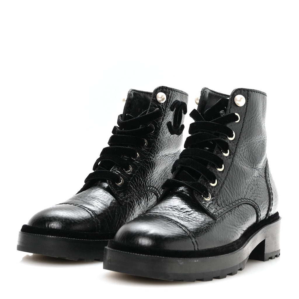 Chanel Shiny Calfskin Velvet Women's Combat Short Boots 37.5 Black