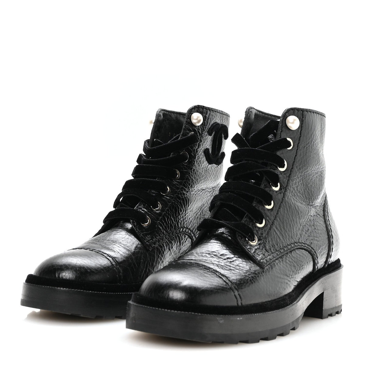 Chanel Shiny Calfskin Velvet Women's Combat Short Boots 37.5 Black
