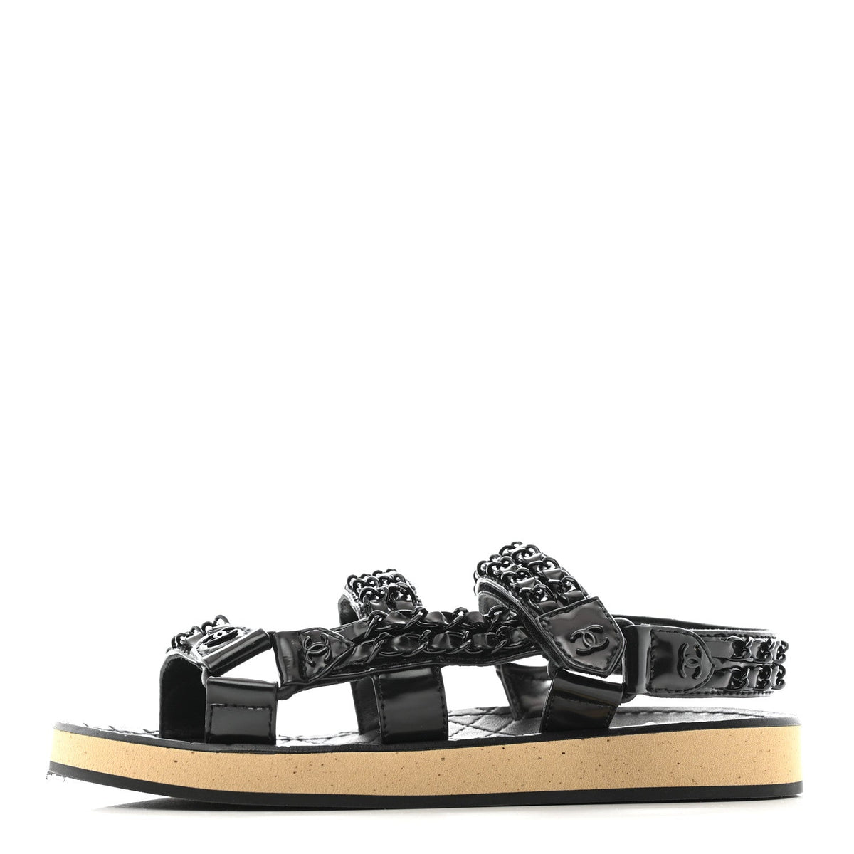 Chanel Laminated Goatskin Women's Chain Sandals 35 Black