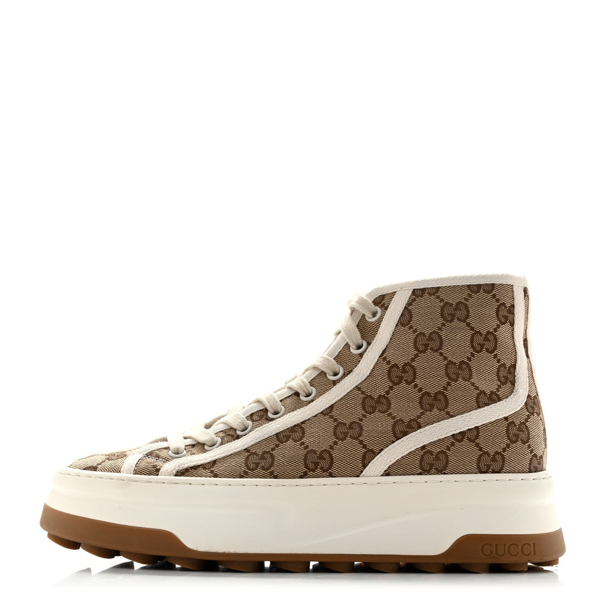 Gucci Canvas Women's GG Monogram Tennis 1977 High Top Platform Sneakers 38.5 Beige Ebony
