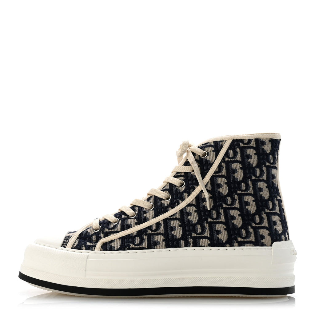Christian Dior Knit Calfskin Women's Oblique Walk'n Dior High Top Sneakers 41 Deep Blue