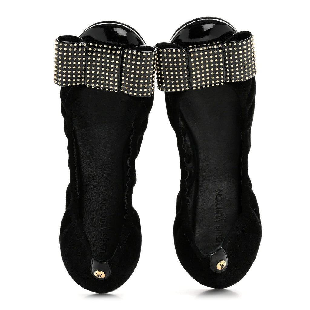 Louis Vuitton Suede Patent Women's Flirty Studded Bow Flats 39.5 Black
