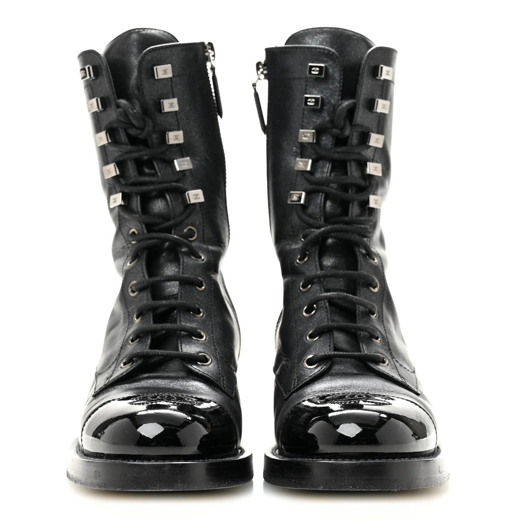 Chanel Iridescent Calfskin Women's CC Combat Boots 38 Black