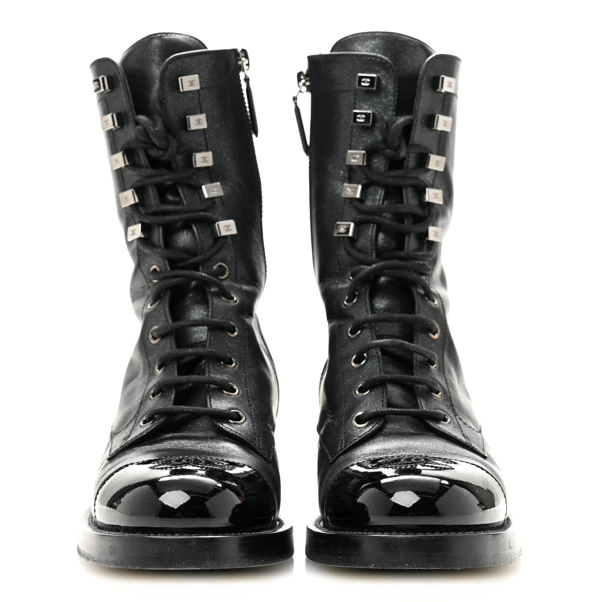 Chanel Iridescent Calfskin Women's CC Combat Boots 38 Black