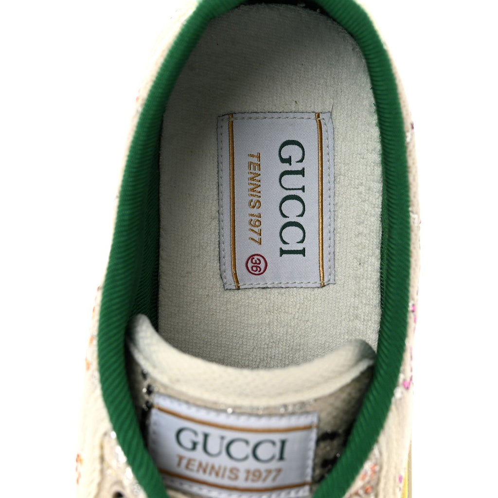 Gucci Canvas Lame Crystal Women's 1977 Tennis Sneakers 36 Gardenia Silver Mystic White