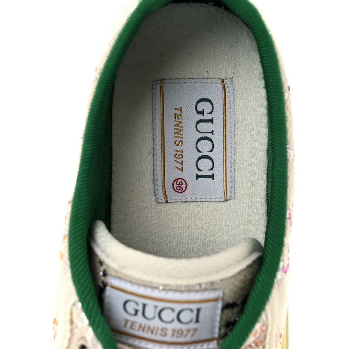Gucci Canvas Lame Crystal Women's 1977 Tennis Sneakers 36 Gardenia Silver Mystic White