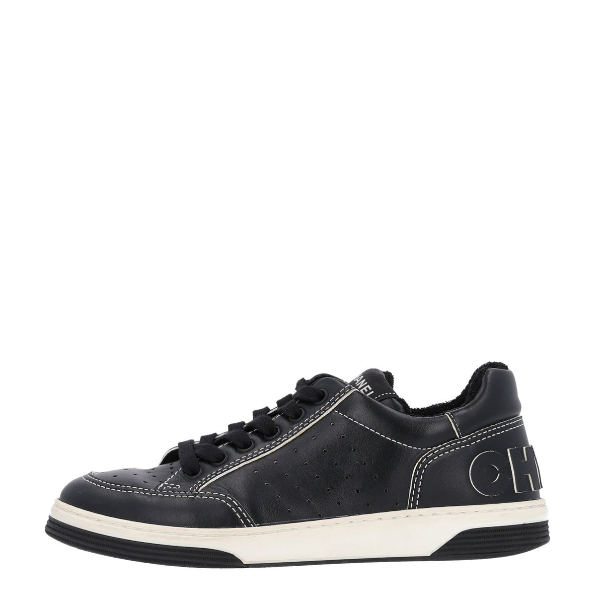 Chanel Calfskin Women's Logo Sneakers 38 Black White