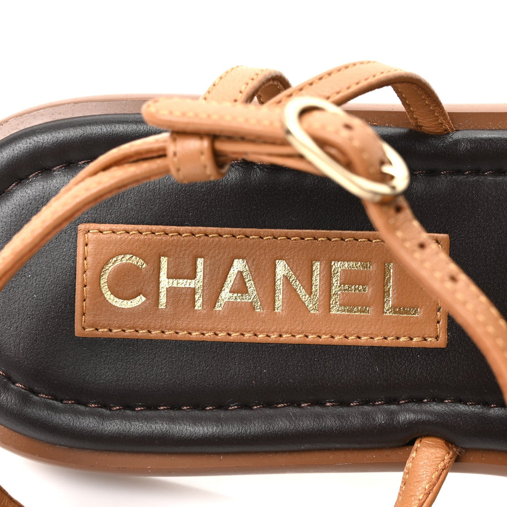 Chanel Lambskin Cord Chain CC Women's Sandals 37 Brown Black Ivory