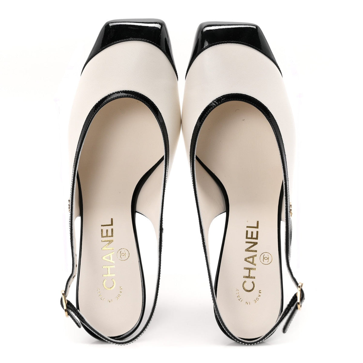 Chanel Lambskin Patent Calfskin Women's Cap Toe CC Slingback Pumps 38 White Black