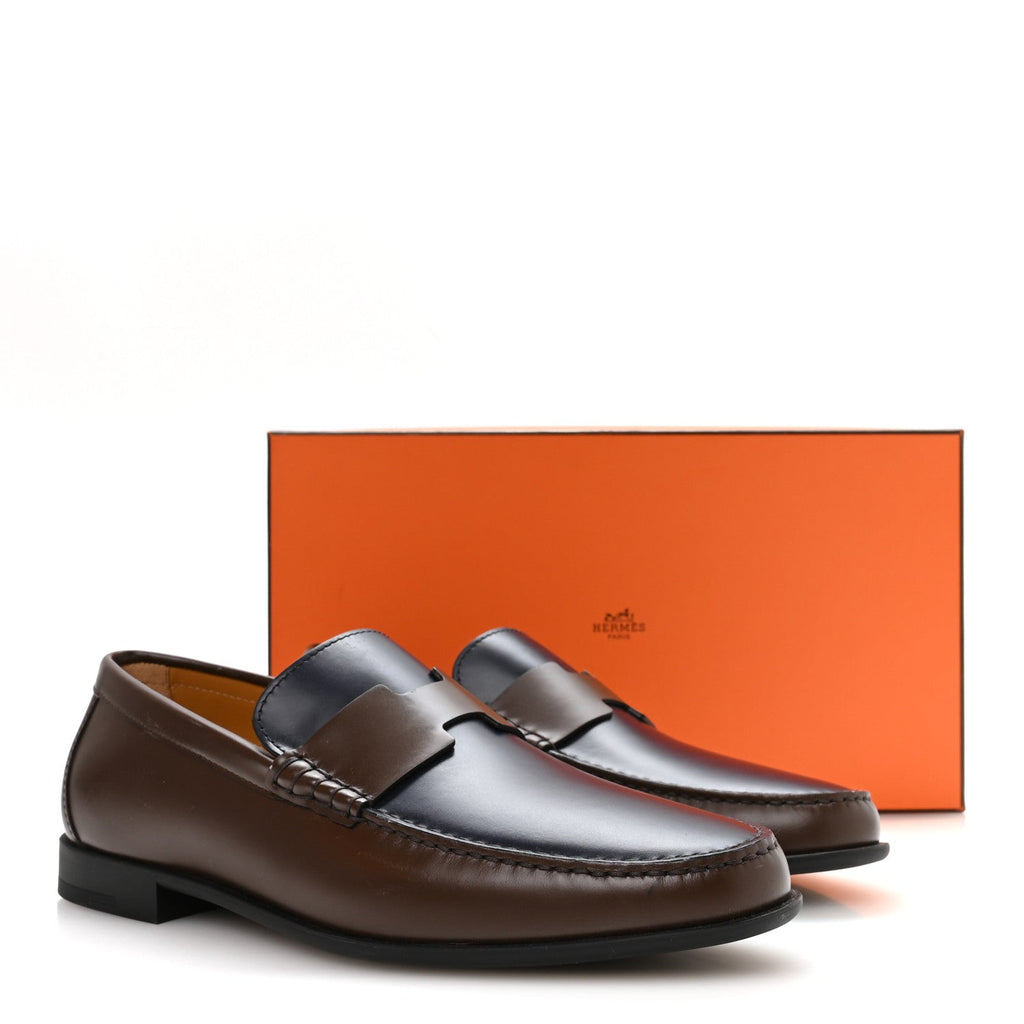Hermès Calfskin Men's Duke Loafers 42 Marron Ébène Marine