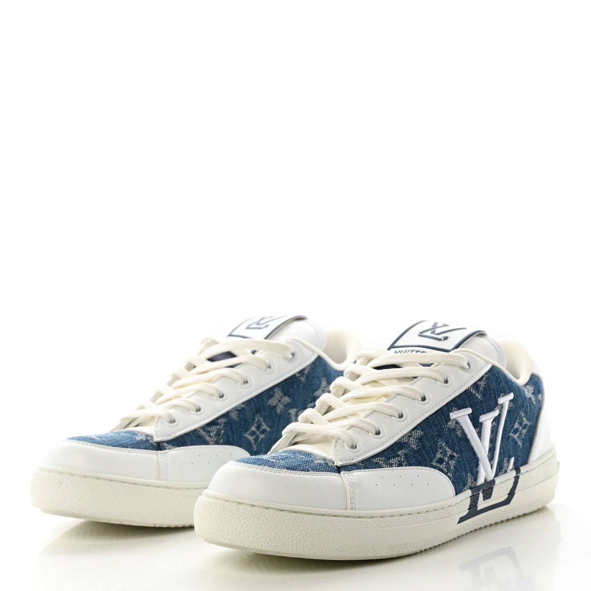 Louis Vuitton Calfskin Monogram Denim Women's Charlie Sneakers 40 White Blue