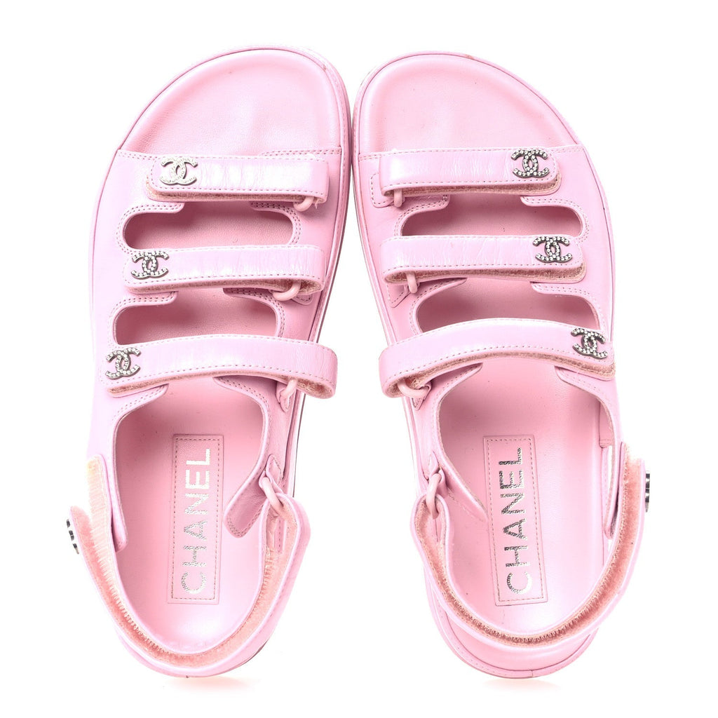 Chanel Lambskin Crystal Women's CC Dad Sandals 35.5 Light Pink