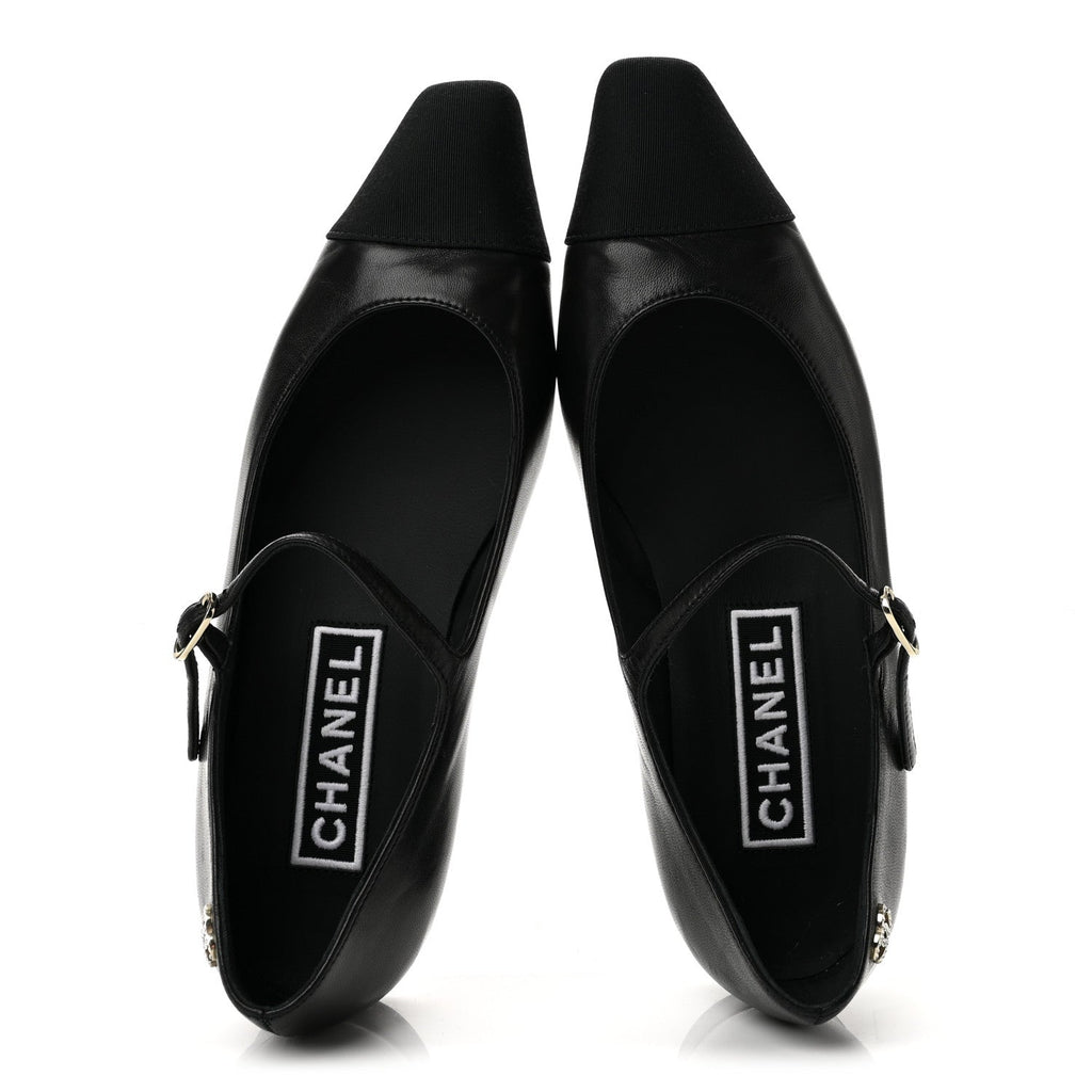 Chanel Lambskin Grosgrain Cap Toe Women's CC Mary Jane Flats 39.5 Black