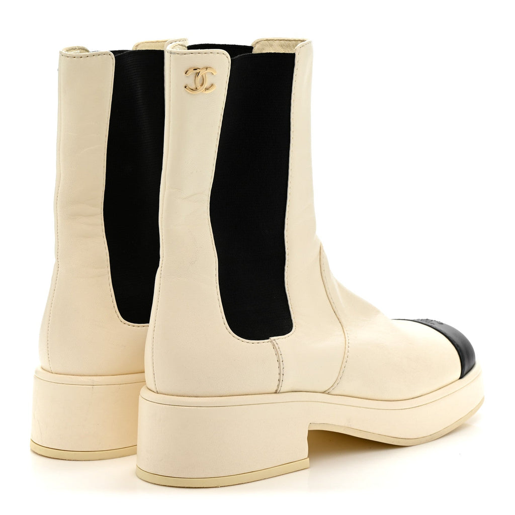 Chanel Patent Calfskin Cap Toe CC Women's Ankle Boots 39.5 White Black