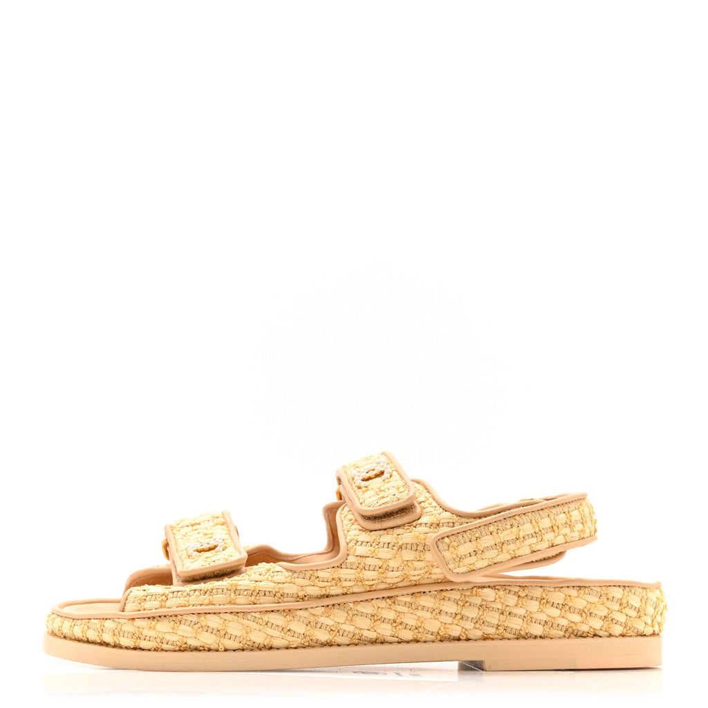 Chanel Braided Fabric Women's Velcro Dad Sandals 38.5 Beige