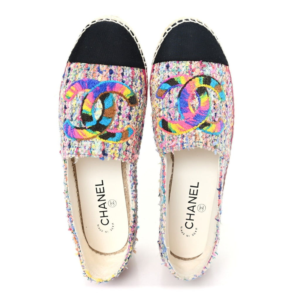 Chanel Cotton Tweed Grosgrain Women's CC Espadrilles 41 Multicolor Black