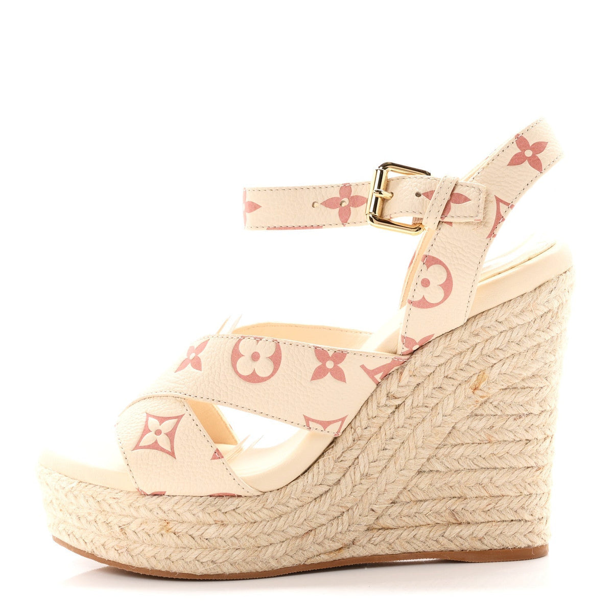 Louis Vuitton Empreinte Monogram Women's Starboard Espadrille Wedge Sandals 37 Creme Rose Trianon