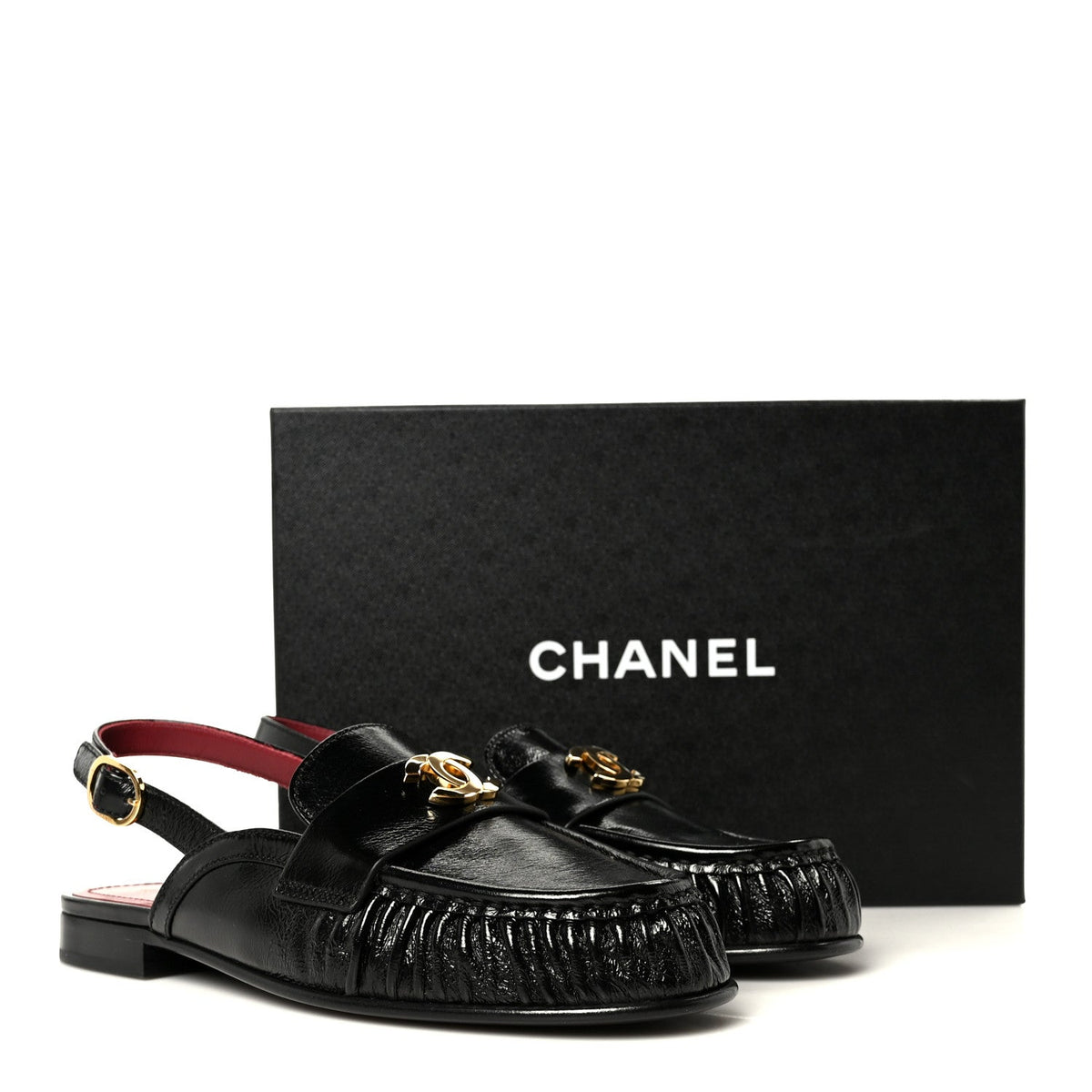 Chanel Crumpled Shiny Lambskin Women's CC Slingback Mocassin 38.5 Black