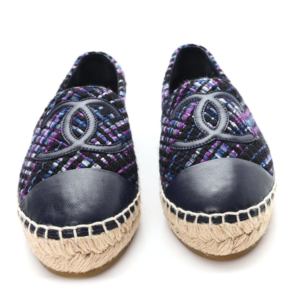 Chanel Tweed Grosgrain Women's CC Espadrilles 35 Purple Black Navy