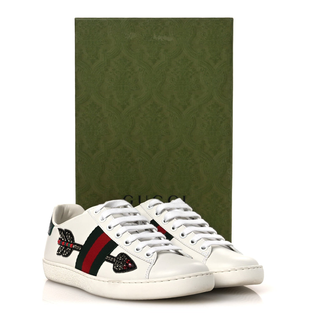 Gucci Calfskin Web Studded Women's Arrow Ace Sneakers 35.5 White