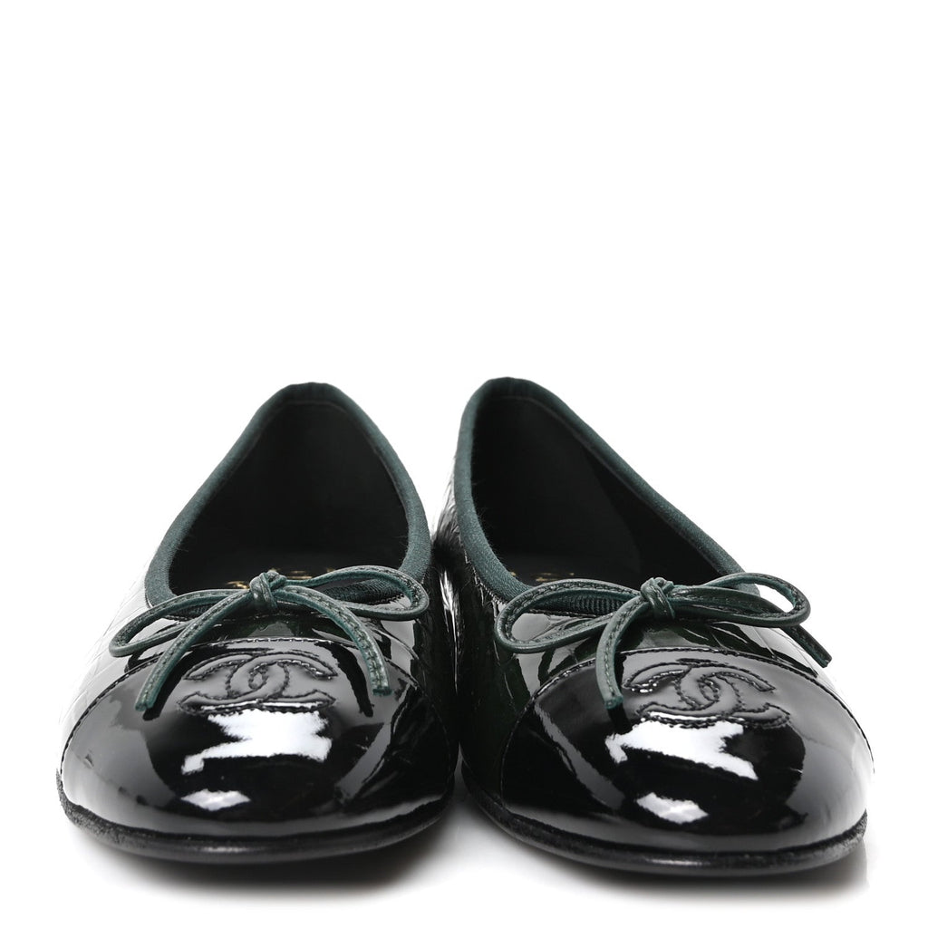 Chanel Crocodile Embossed Patent Calfskin CC Women's Ballerina Flats Dark Green Black