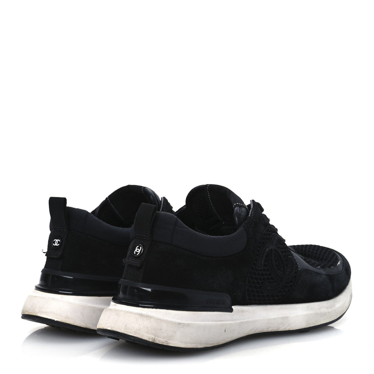 Chanel Calfskin Mesh Lycra Suede Women's Logo Sneakers 40 Black