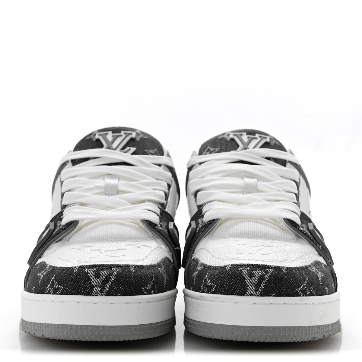 Louis Vuitton Calfskin Embossed Monogram Denim Men's LV Trainer Sneakers 10 Grey