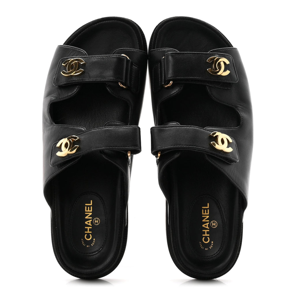 Chanel Lambskin Velcro Dad Chain CC Women's Slide Sandals Black