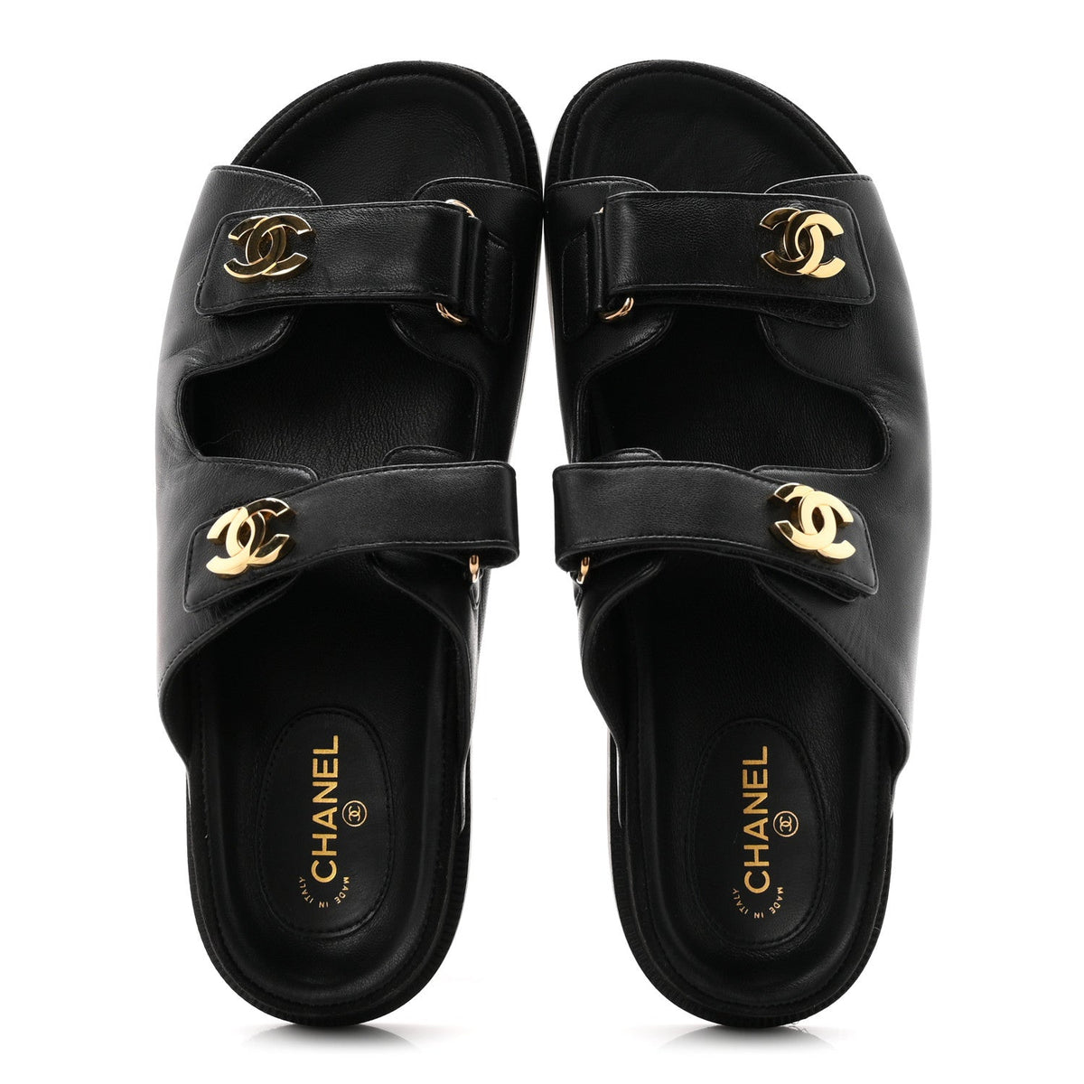 Chanel Lambskin Velcro Dad Chain CC Women's Slide Sandals Black