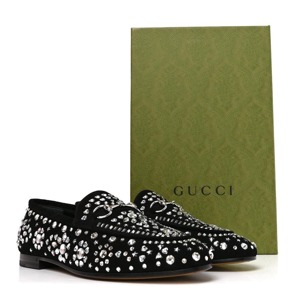 Gucci Suede Velvet Women's Crystal GG Jordaan Loafers 37.5 Black