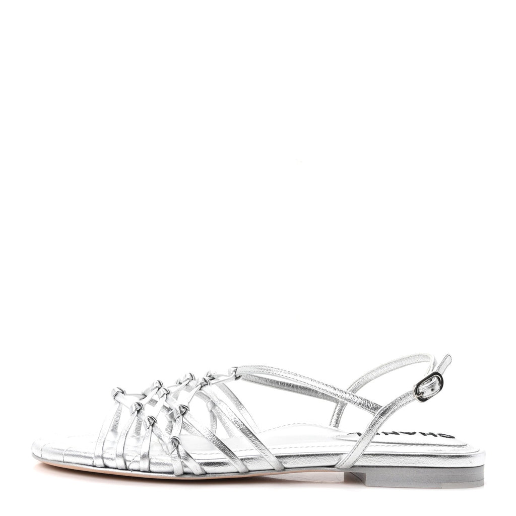 Chanel Laminated Lambskin Women's CC Sandals 36.5 Silver