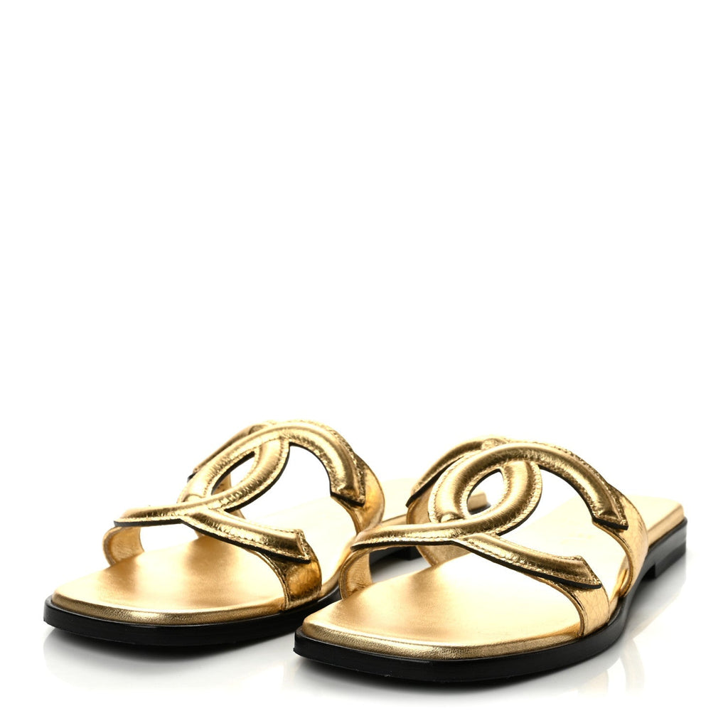 Chanel Crackled Laminated Calfskin CC Cut Out Women's Mules Gold