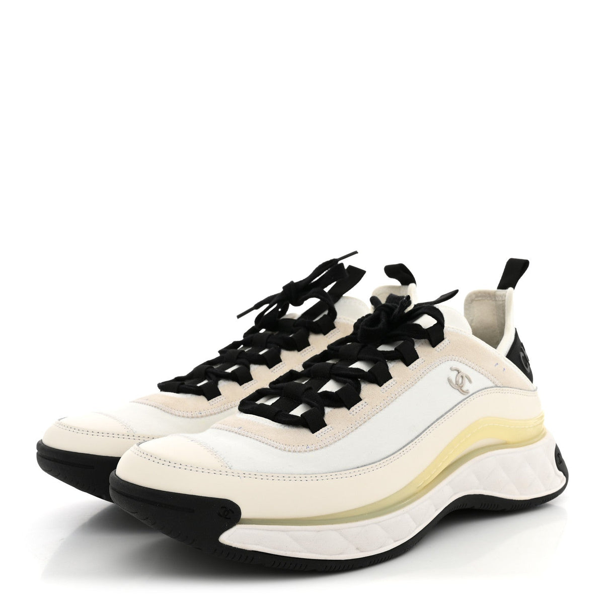 Chanel Velvet Calfskin Mixed Fibers Men's CC Sneakers 44 Ivory Black