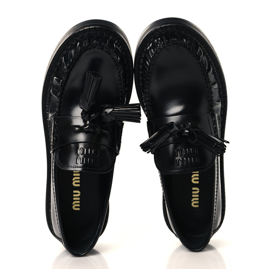 Miu Miu Spazzolato Calfskin Women's Tassel Loafers 36.5 Black