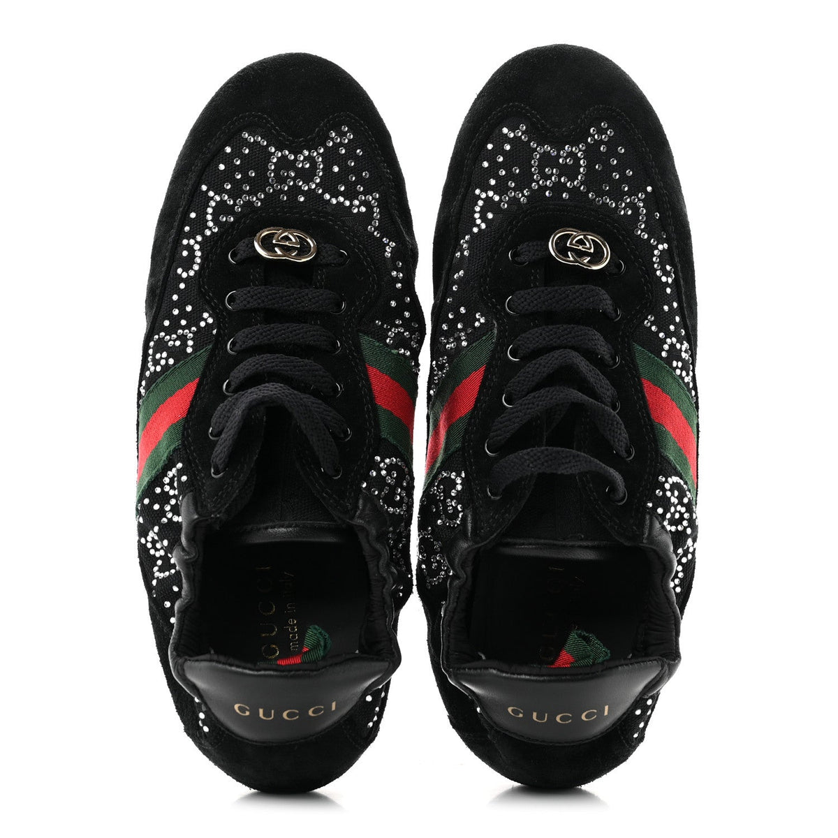 Gucci Suede Canvas Women's GG Monogram Crystal Web Sneakers 36 Black