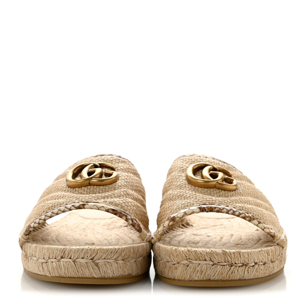Gucci Straw Elaphe Women's GG Marmont Slide Sandals 39 Natural Cream Brown