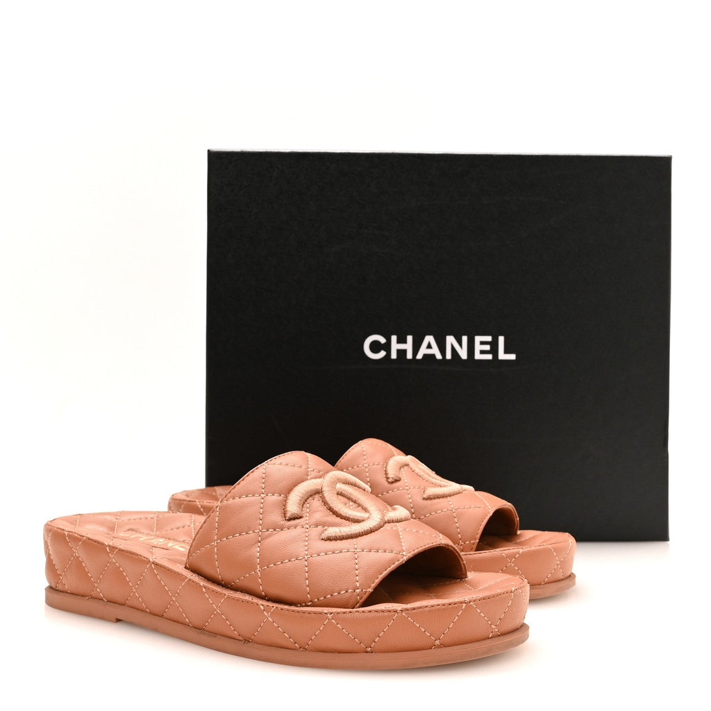 Chanel Lambskin Quilted Women's CC Mules Sandals 37 Brown
