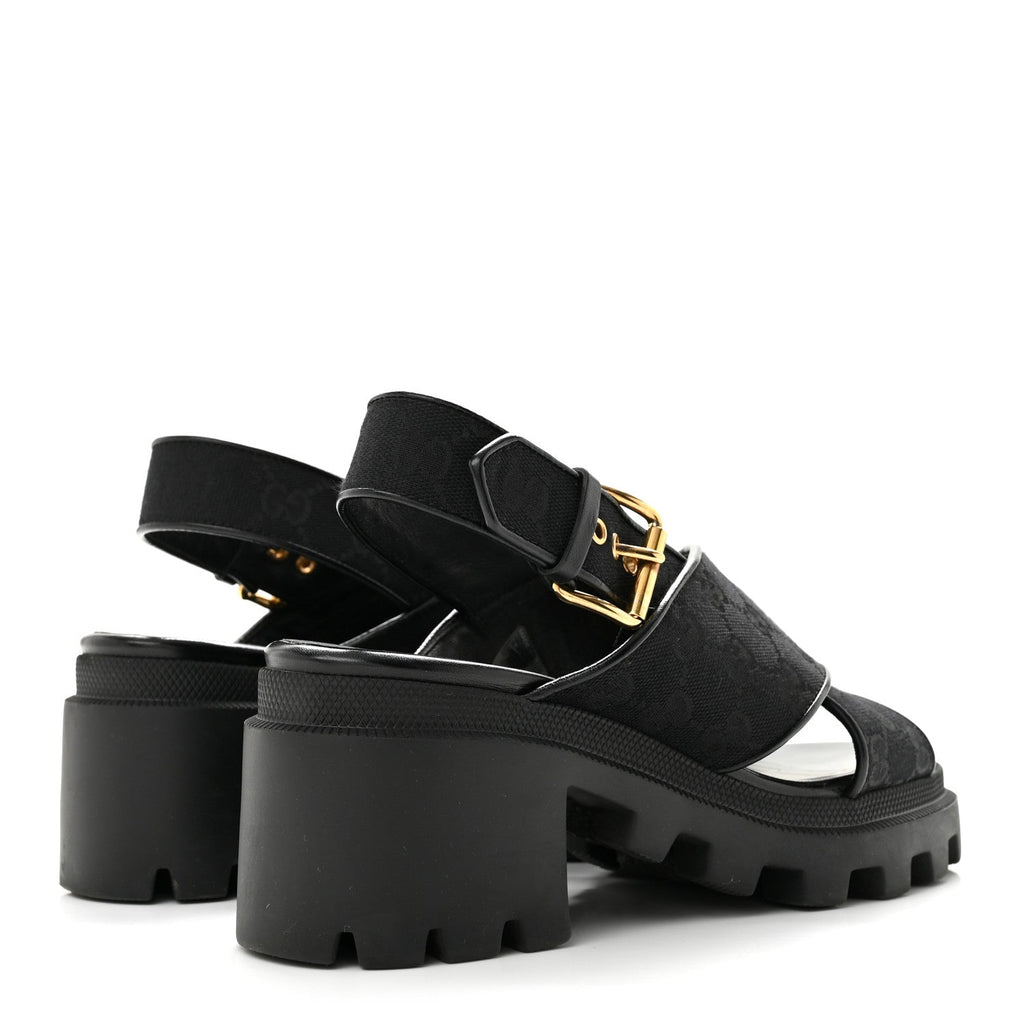 Gucci GG Canvas Women's Monogram Trip Lug Sole Sandals 38.5 Black